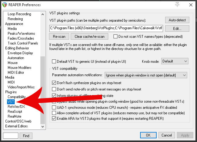 Find VST Folder Reaper using preferences - CTRL-P